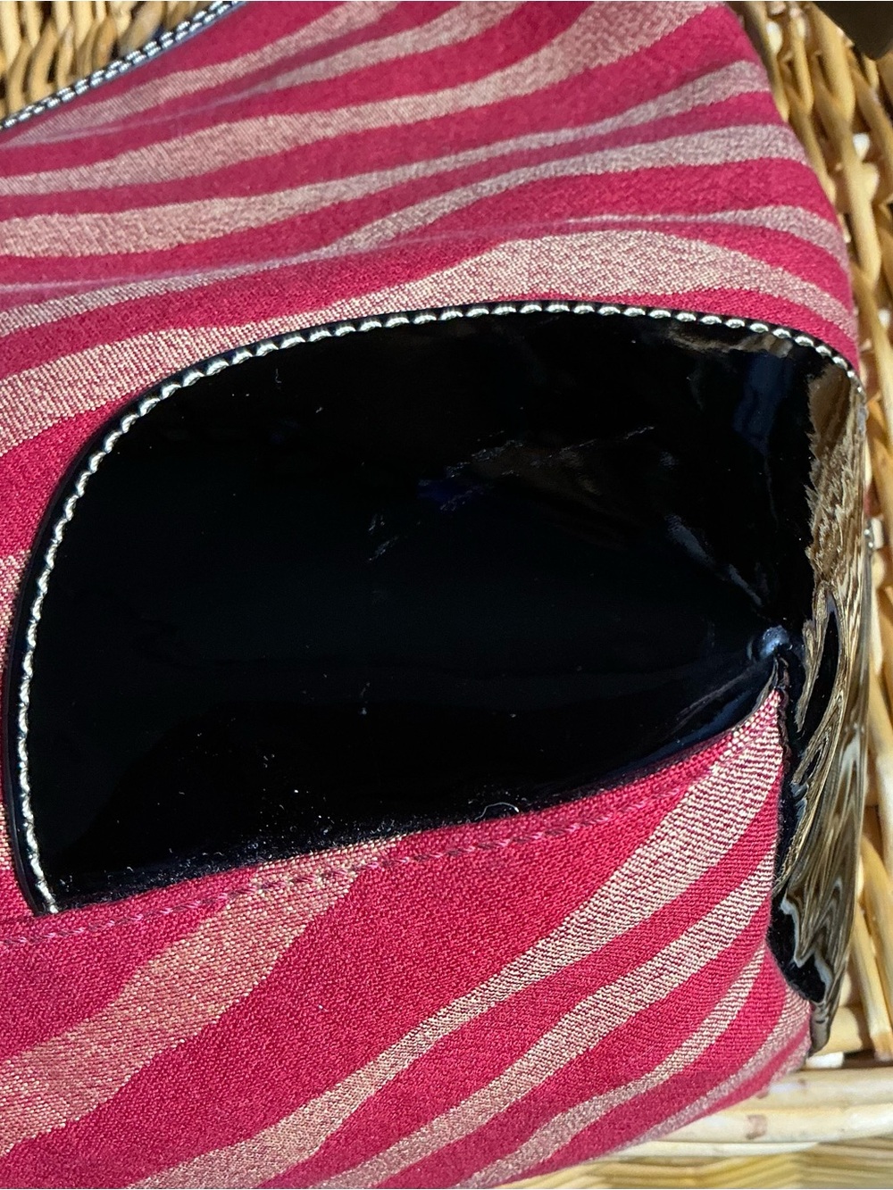 Dooney & Bourke Red and Beige Zebra Stripe Tote with Patent Black Trim - Picture 2 of 16